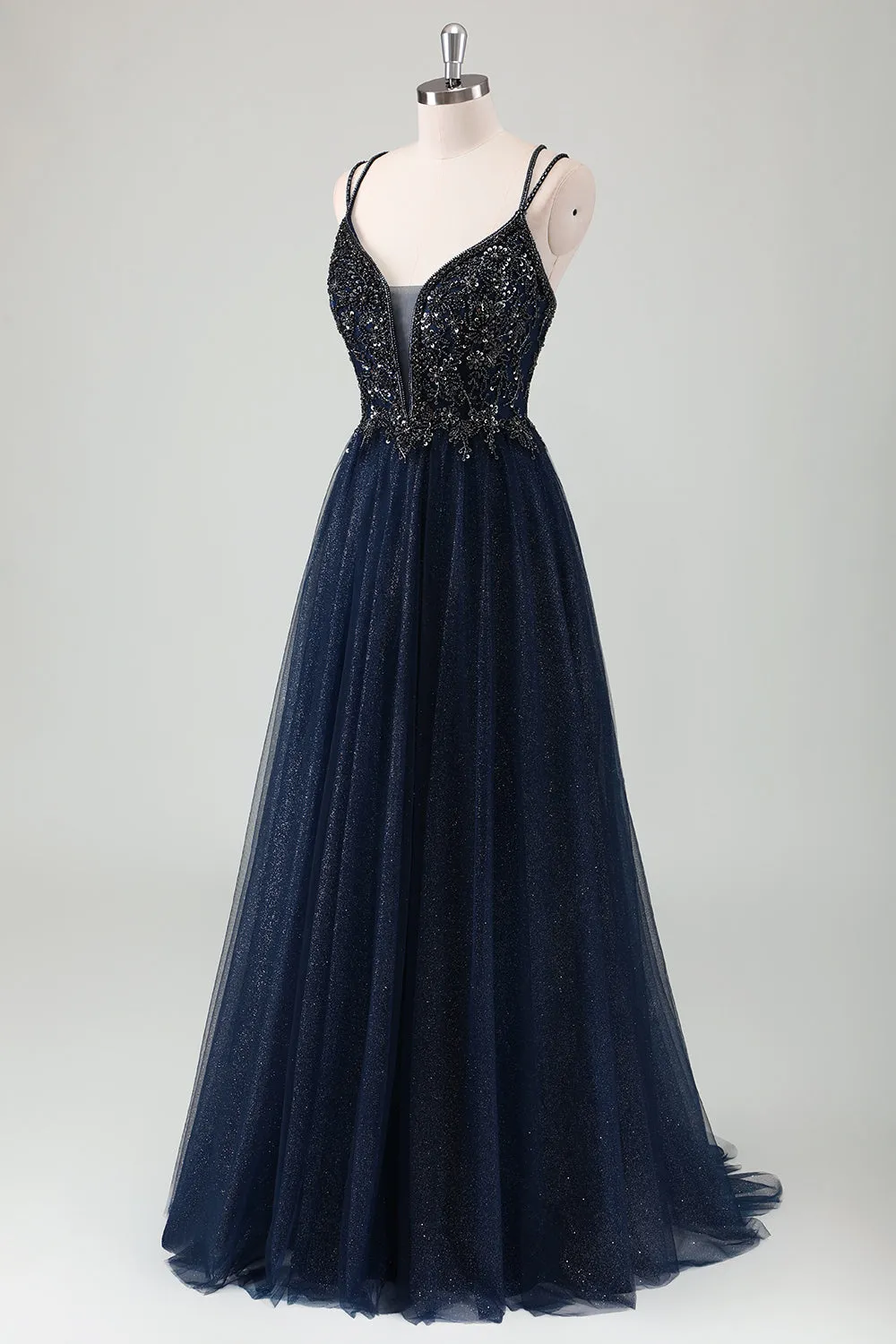 Sparkly Navy Spaghetti Straps A Line Long Prom Dress with Sequins sold by Zapaka product image thumbnail 3
