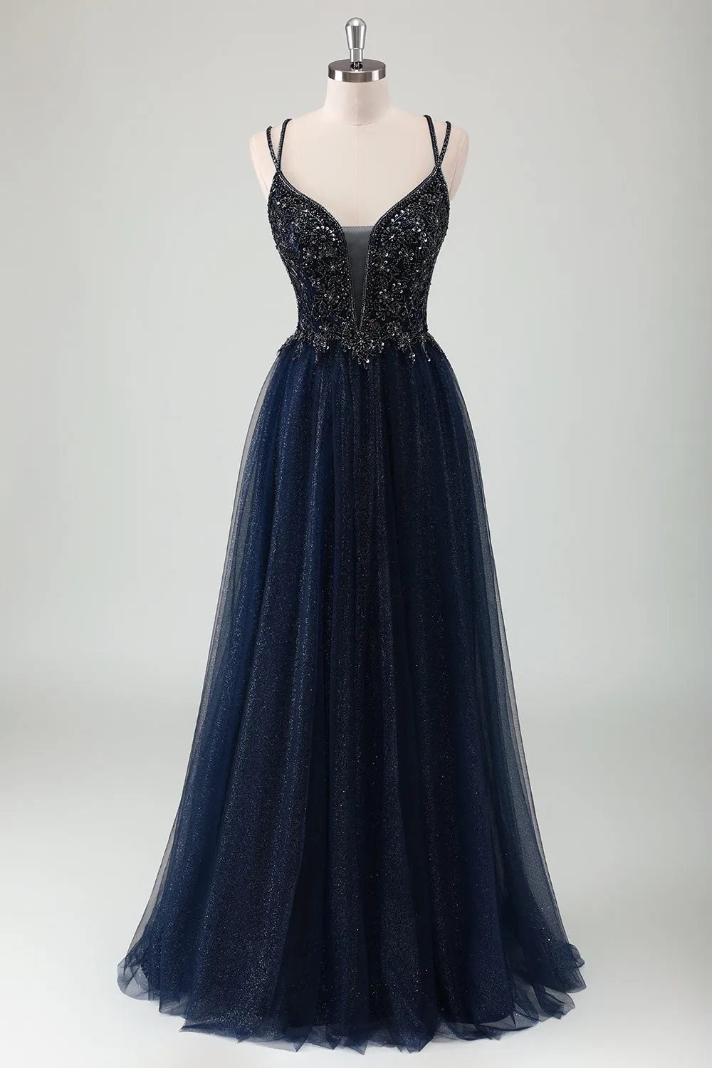 Sparkly Navy Spaghetti Straps A Line Long Prom Dress with Sequins sold by Zapaka