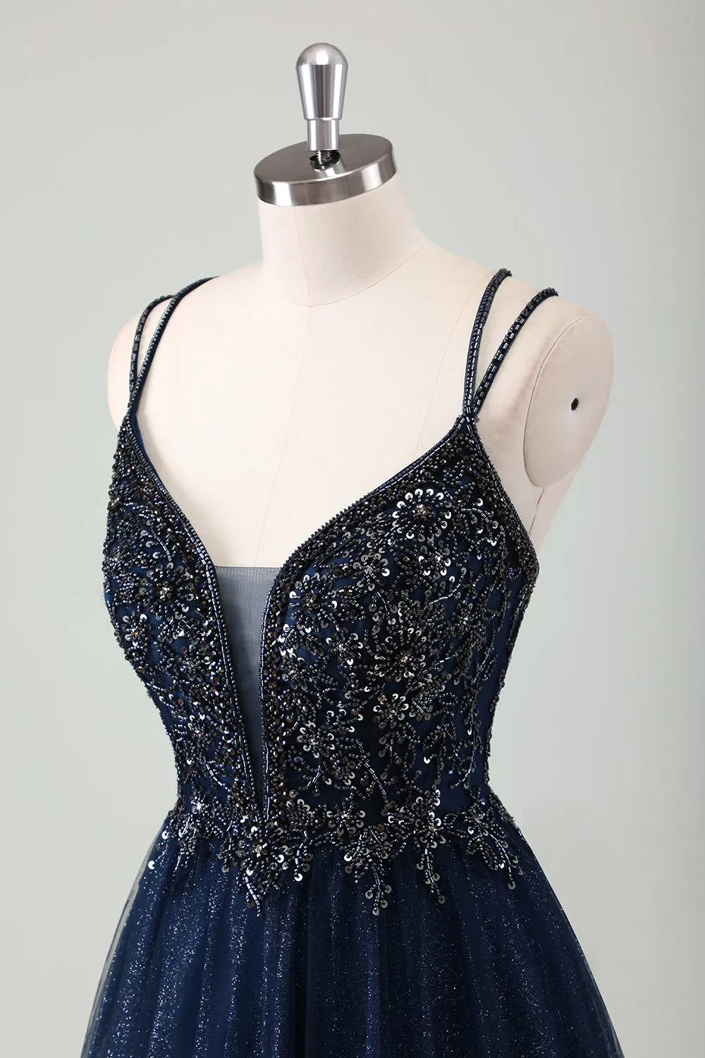 Sparkly Navy Spaghetti Straps A Line Long Prom Dress with Sequins sold by Zapaka product image thumbnail 5