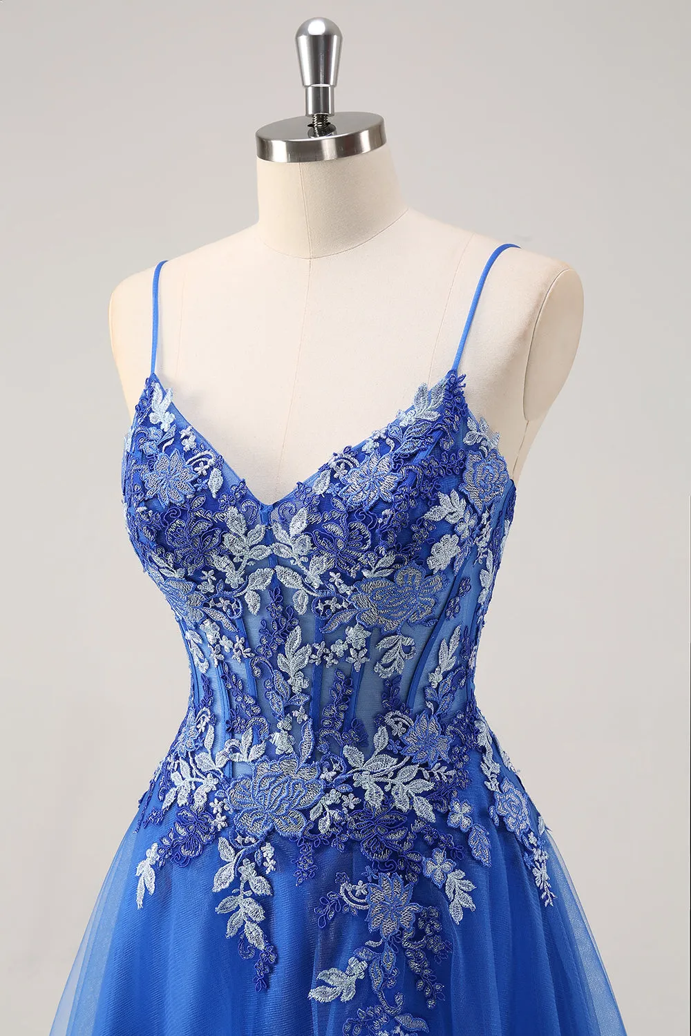 Royal Blue A Line Spaghetti Straps Corset Tulle Prom Dress With Embroidery sold by Zapaka product image thumbnail 4