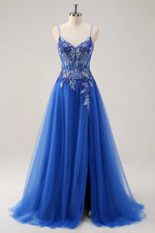 Royal Blue A Line Spaghetti Straps Corset Tulle Prom Dress With Embroidery sold by Zapaka