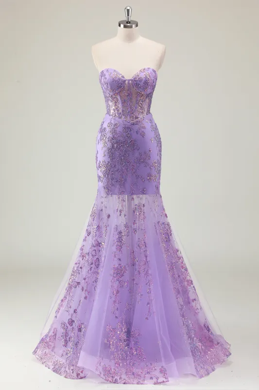 Purple Mermaid Corset Strapless Long Prom Dress with Appliques sold by Zapaka