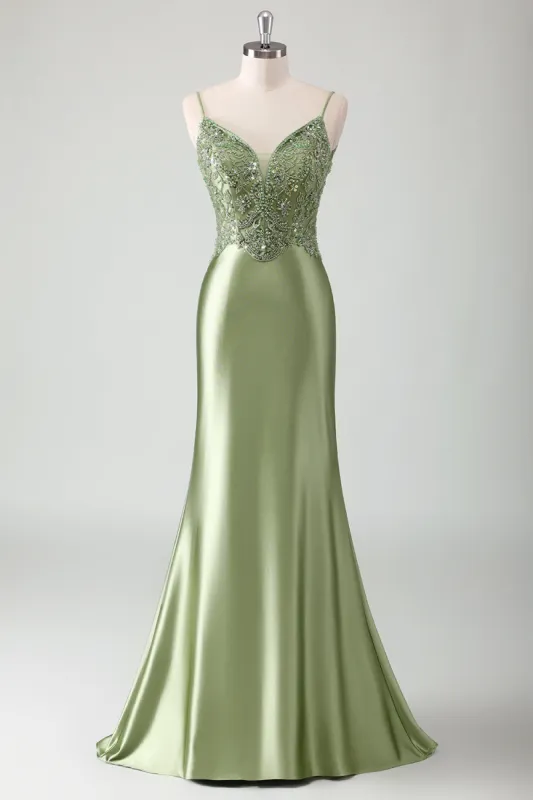 Sage Mermaid Spaghetti Straps Long Prom Dress With Sequins sold by Zapaka