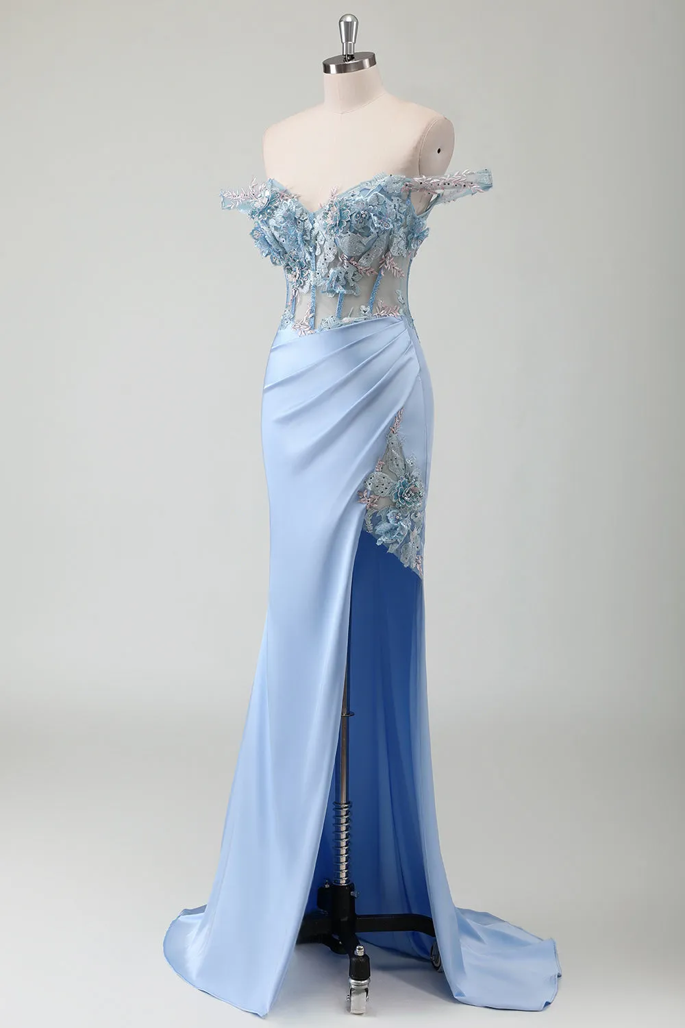 Sky Blue Mermaid Off The Shoulder Corset Long Prom Dress With Slit sold by Zapaka product image thumbnail 3