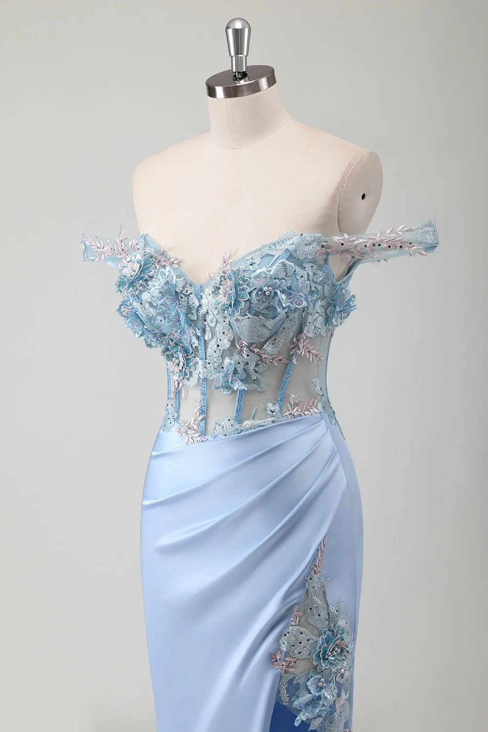 Sky Blue Mermaid Off The Shoulder Corset Long Prom Dress With Slit sold by Zapaka product image thumbnail 4