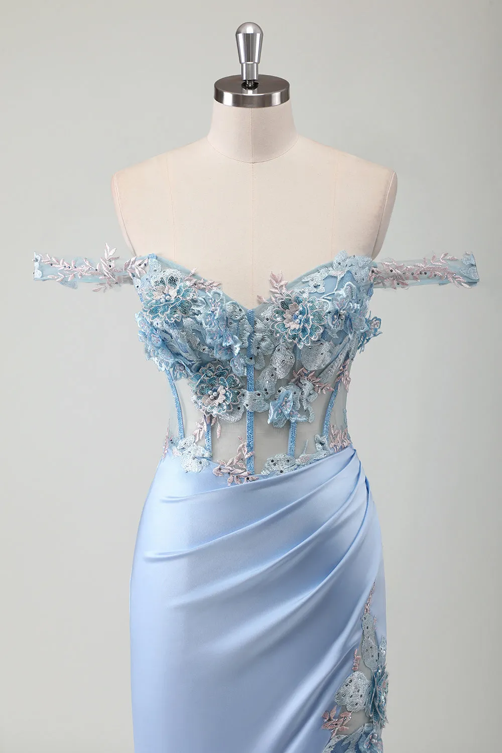 Sky Blue Mermaid Off The Shoulder Corset Long Prom Dress With Slit sold by Zapaka product image thumbnail 5