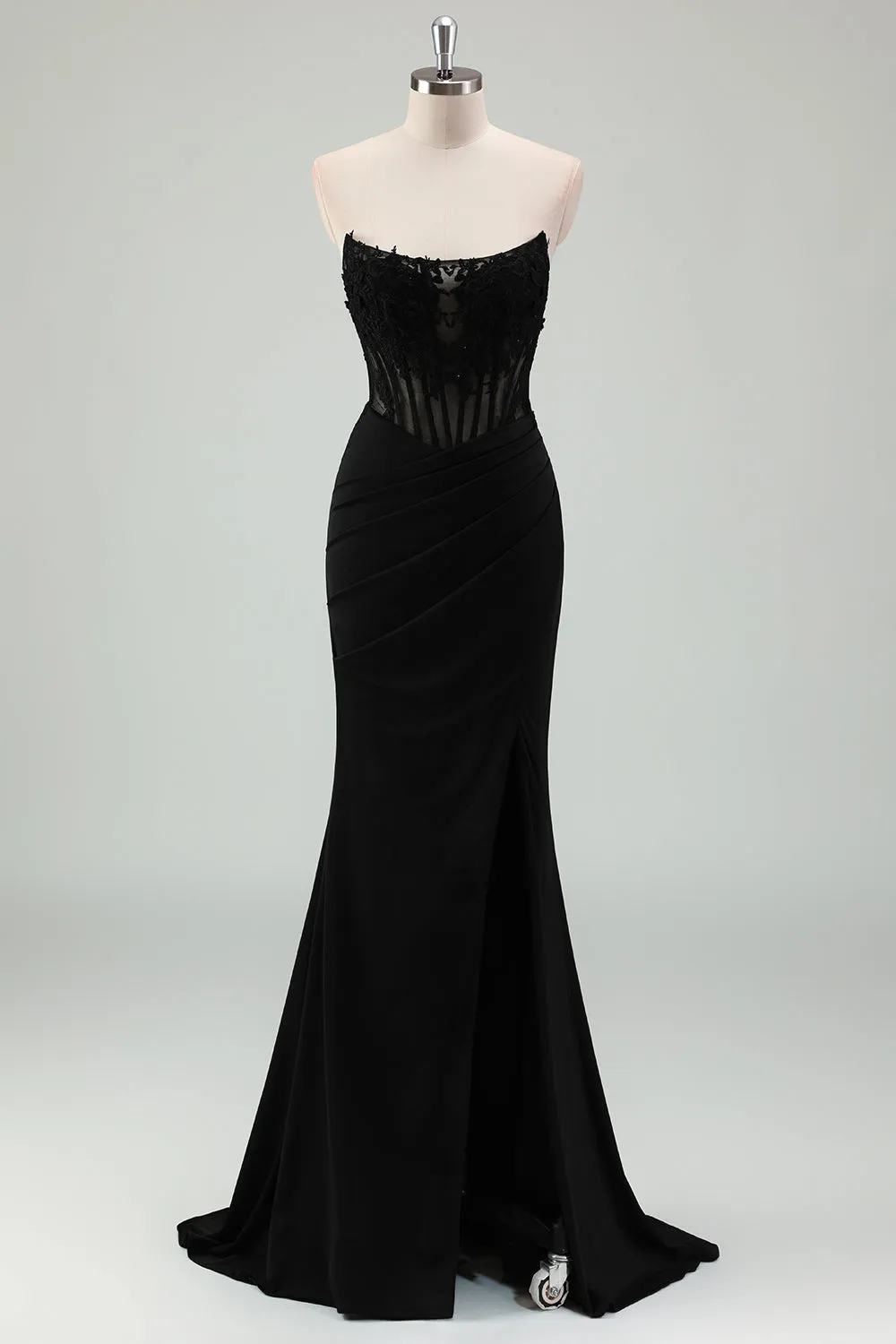 Sparkly Black Mermaid Strapless Corset Appliqued Long Prom Dress with Slit sold by Zapaka