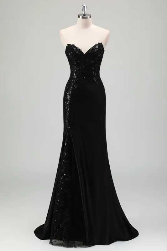 Sparkly Black Mermaid Strapless Corset Appliques Long Prom Dress with Slit sold by Zapaka