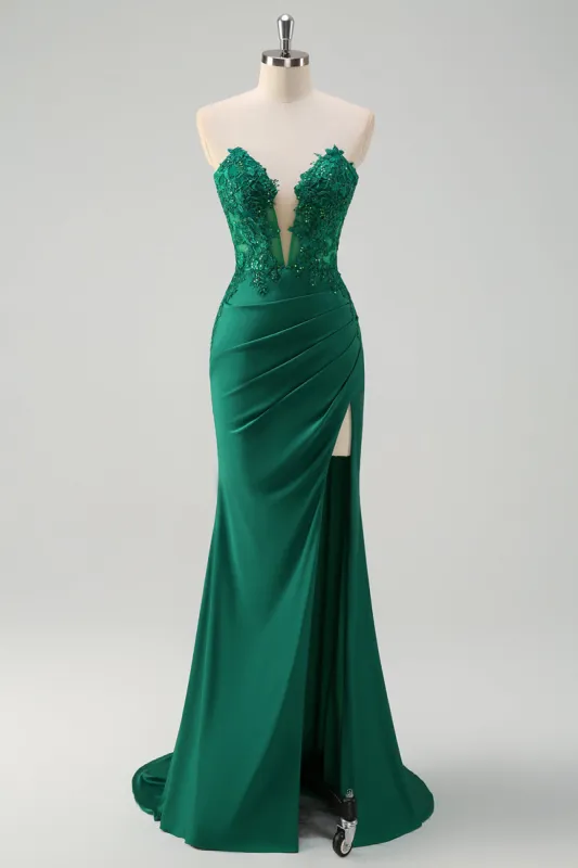 Sparkly Green Mermaid Strapless Corset Long Prom Dress with Slit sold by Zapaka