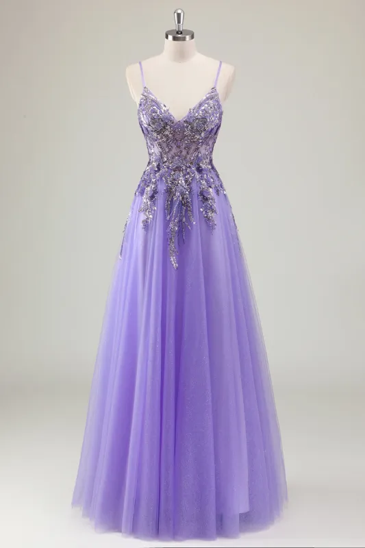 Purple A Line Spaghetti Straps Sequin Tulle Prom Dress with Appliques sold by Zapaka