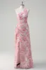 Pink Floral One Shoulder Long Prom Dress With Slit sold by Zapaka