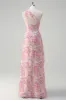 Pink Floral One Shoulder Long Prom Dress With Slit sold by Zapaka