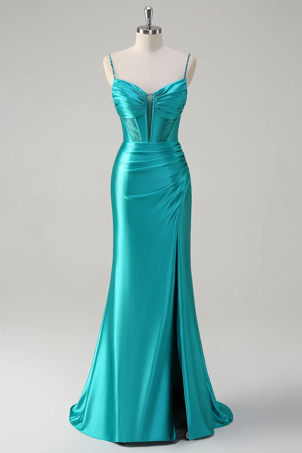 Peacock Mermaid Corset Spaghetti Straps Long Prom Dress with Slit sold by Zapaka