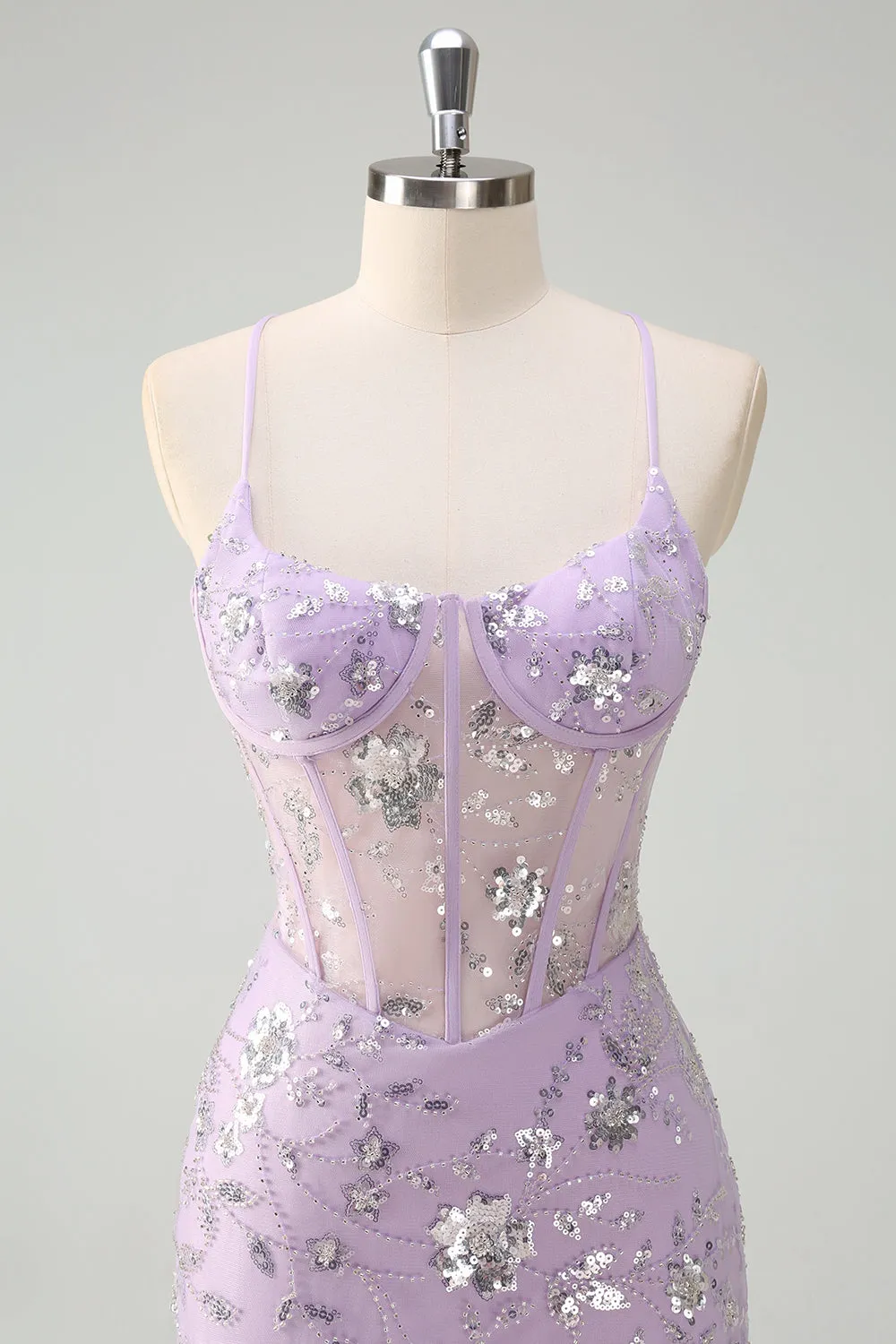 Lilac Spaghetti Straps Mermaid Corset Sequin Prom Dress sold by Zapaka product image thumbnail 4