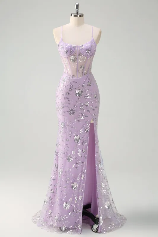 Lilac Spaghetti Straps Mermaid Corset Sequin Prom Dress sold by Zapaka