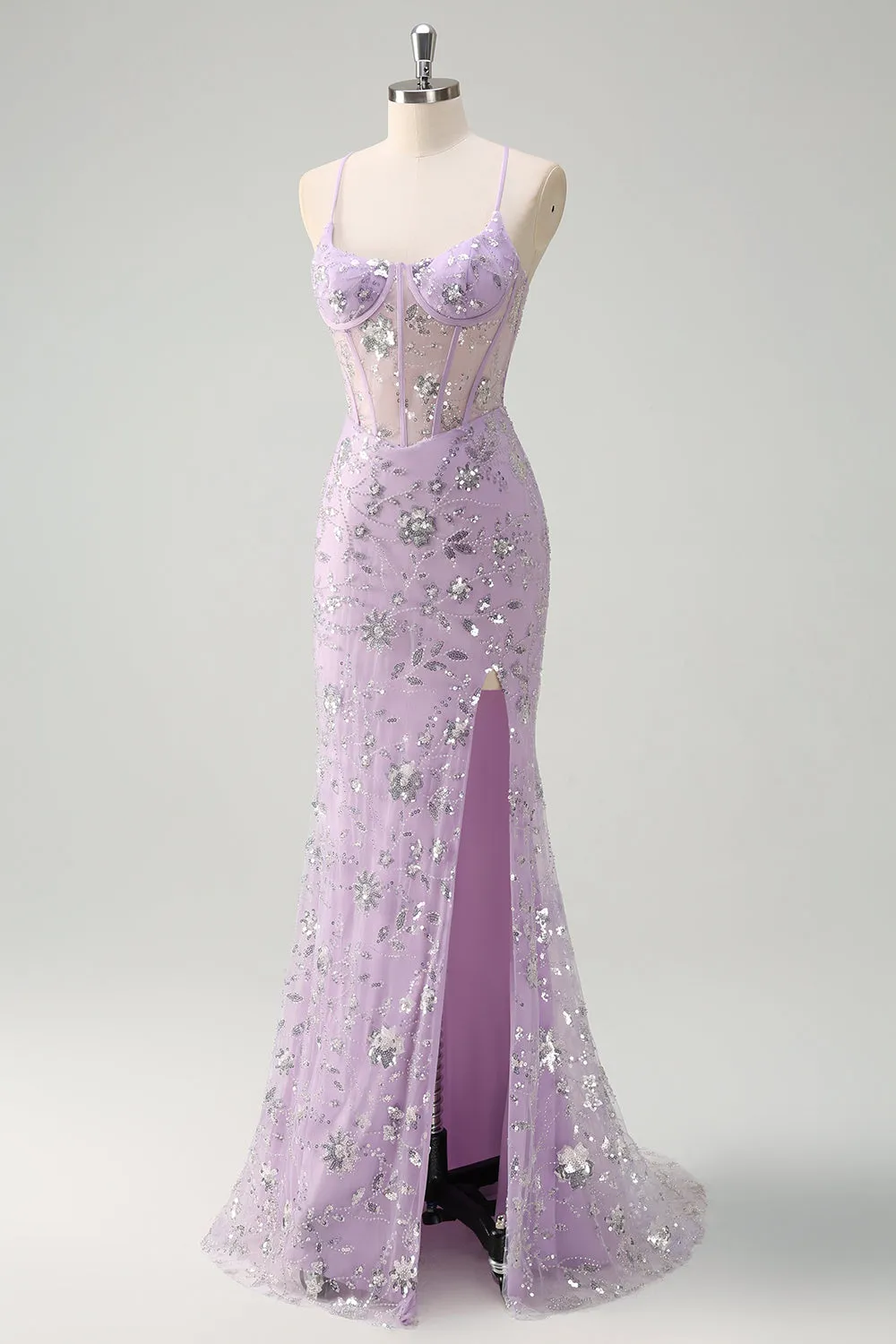 Lilac Spaghetti Straps Mermaid Corset Sequin Prom Dress sold by Zapaka product image thumbnail 3