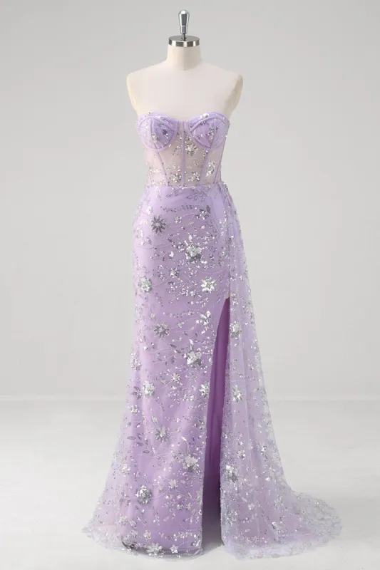 Light Purple Mermaid Strapless Corset Sequin Prom Dress With Slit sold by Zapaka