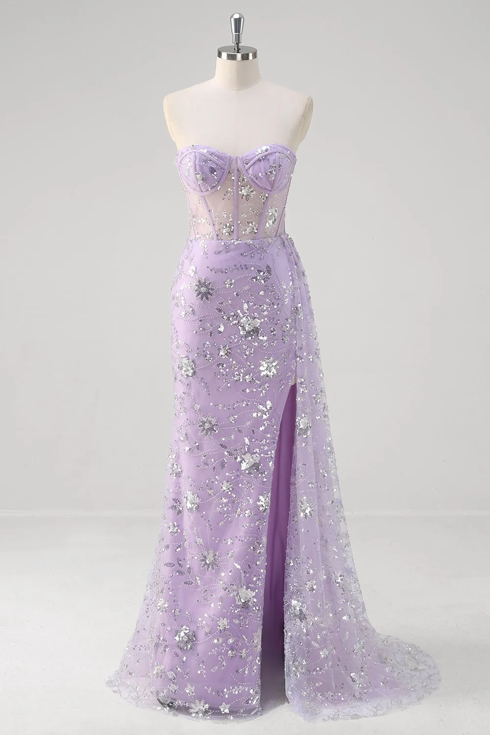 Light Purple Mermaid Strapless Corset Sequin Prom Dress With Slit sold by Zapaka