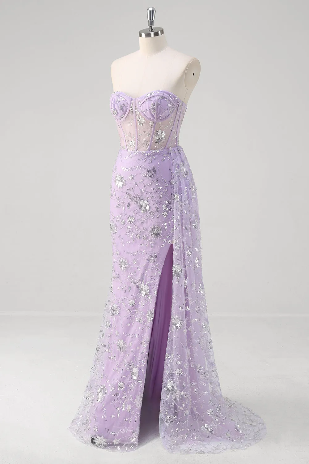 Light Purple Mermaid Strapless Corset Sequin Prom Dress With Slit sold by Zapaka product image thumbnail 3