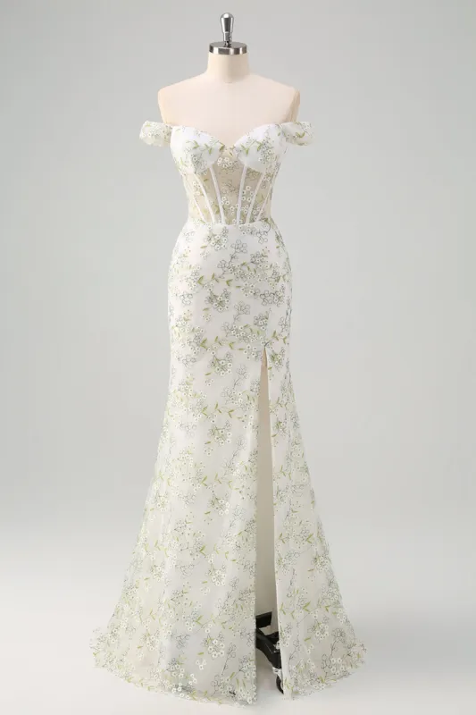 Light Green Mermaid Off the Shoulder Corset Long Prom Dress with Embroidery sold by Zapaka