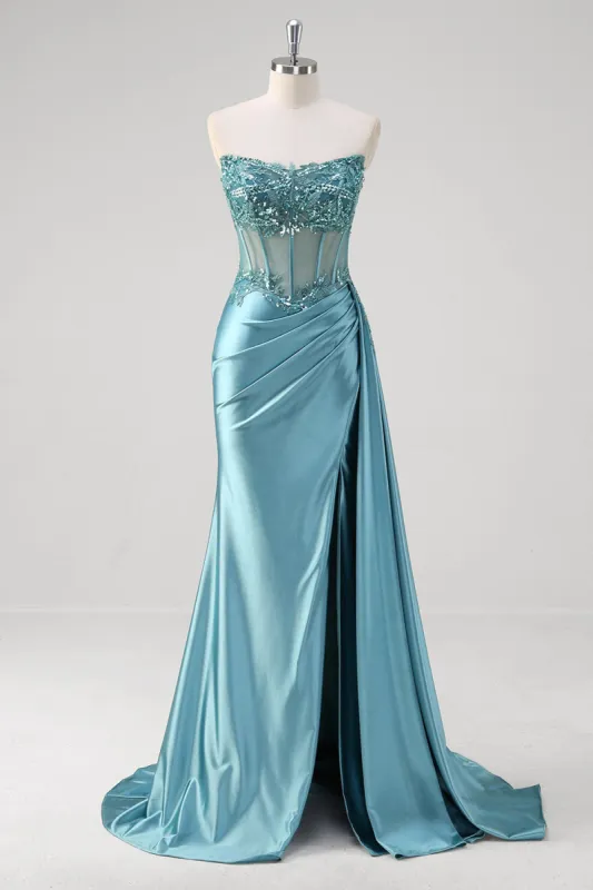 Grey Blue Mermaid Strapless Corset Sequined Satin Prom Dress sold by Zapaka