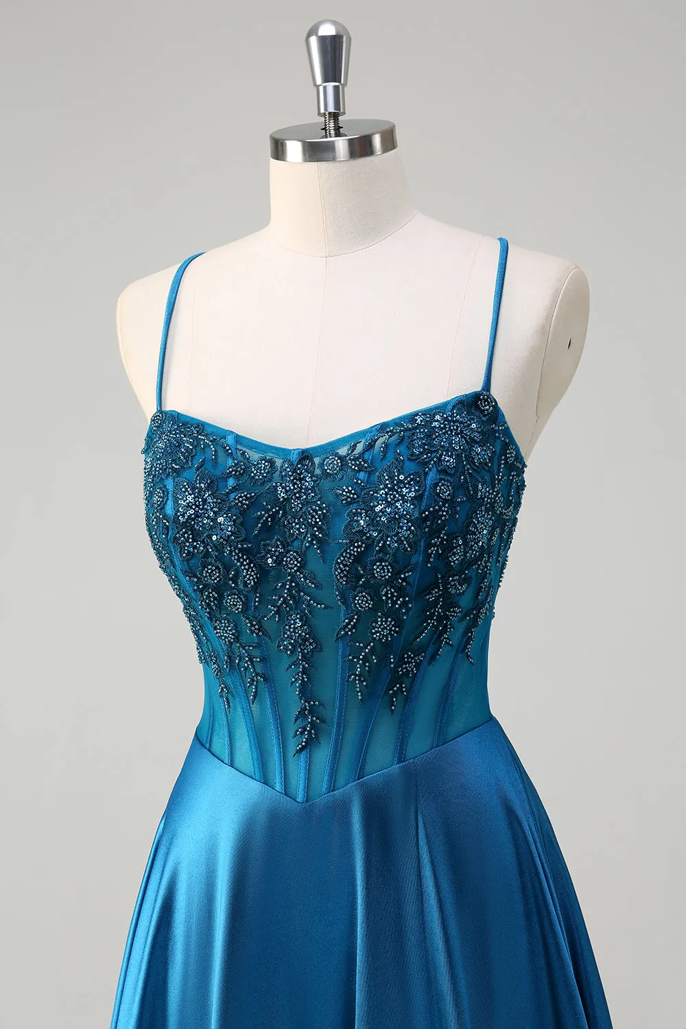 Glitter Blue Corset Spaghetti Straps Long Prom Dress With Sequins sold by Zapaka product image thumbnail 4