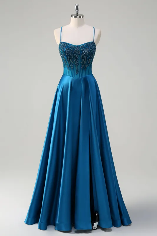 Glitter Blue Corset Spaghetti Straps Long Prom Dress With Sequins sold by Zapaka
