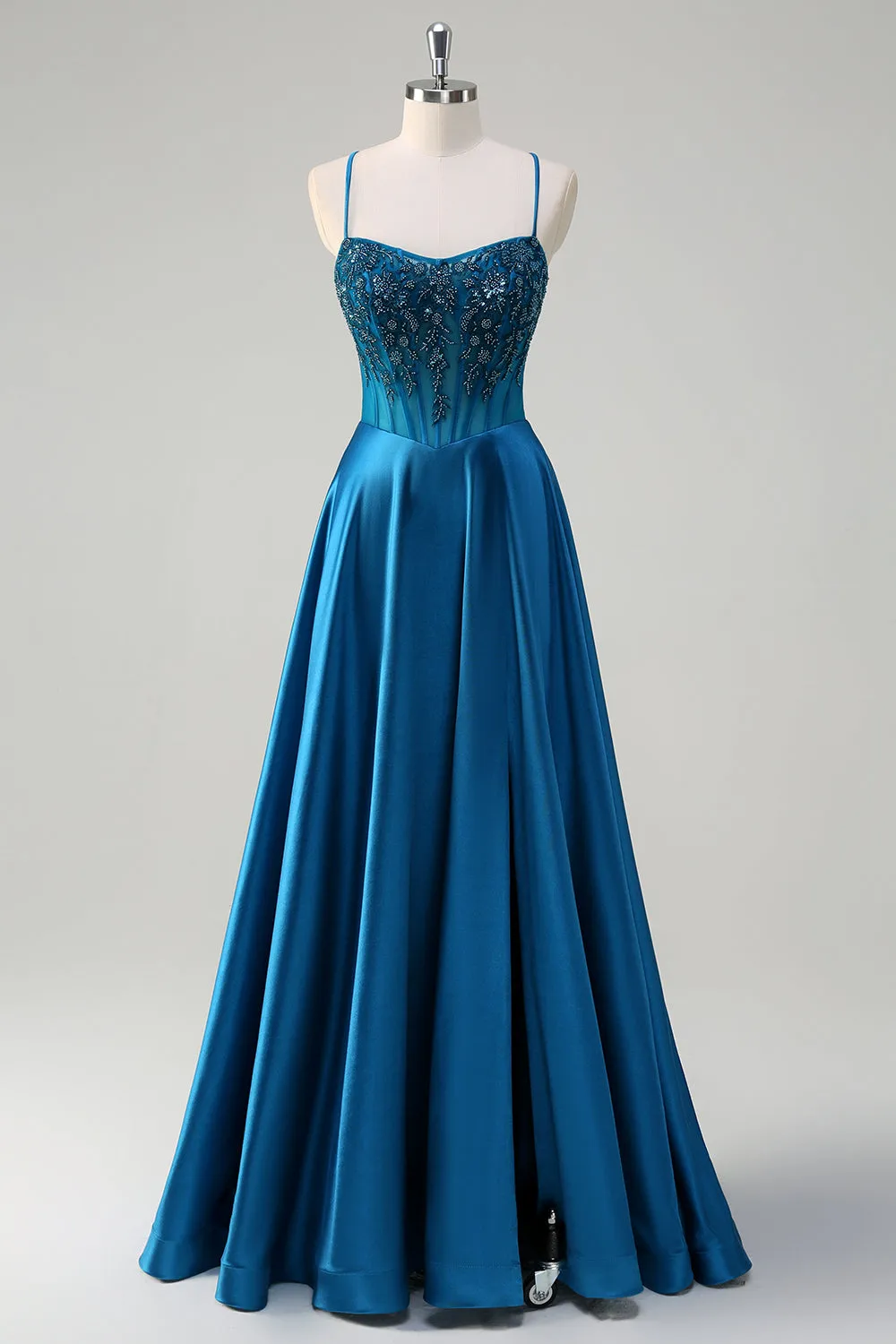 Glitter Blue Corset Spaghetti Straps Long Prom Dress With Sequins sold by Zapaka