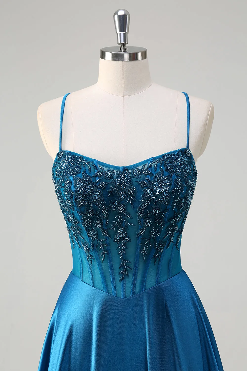 Glitter Blue Corset Spaghetti Straps Long Prom Dress With Sequins sold by Zapaka product image thumbnail 5