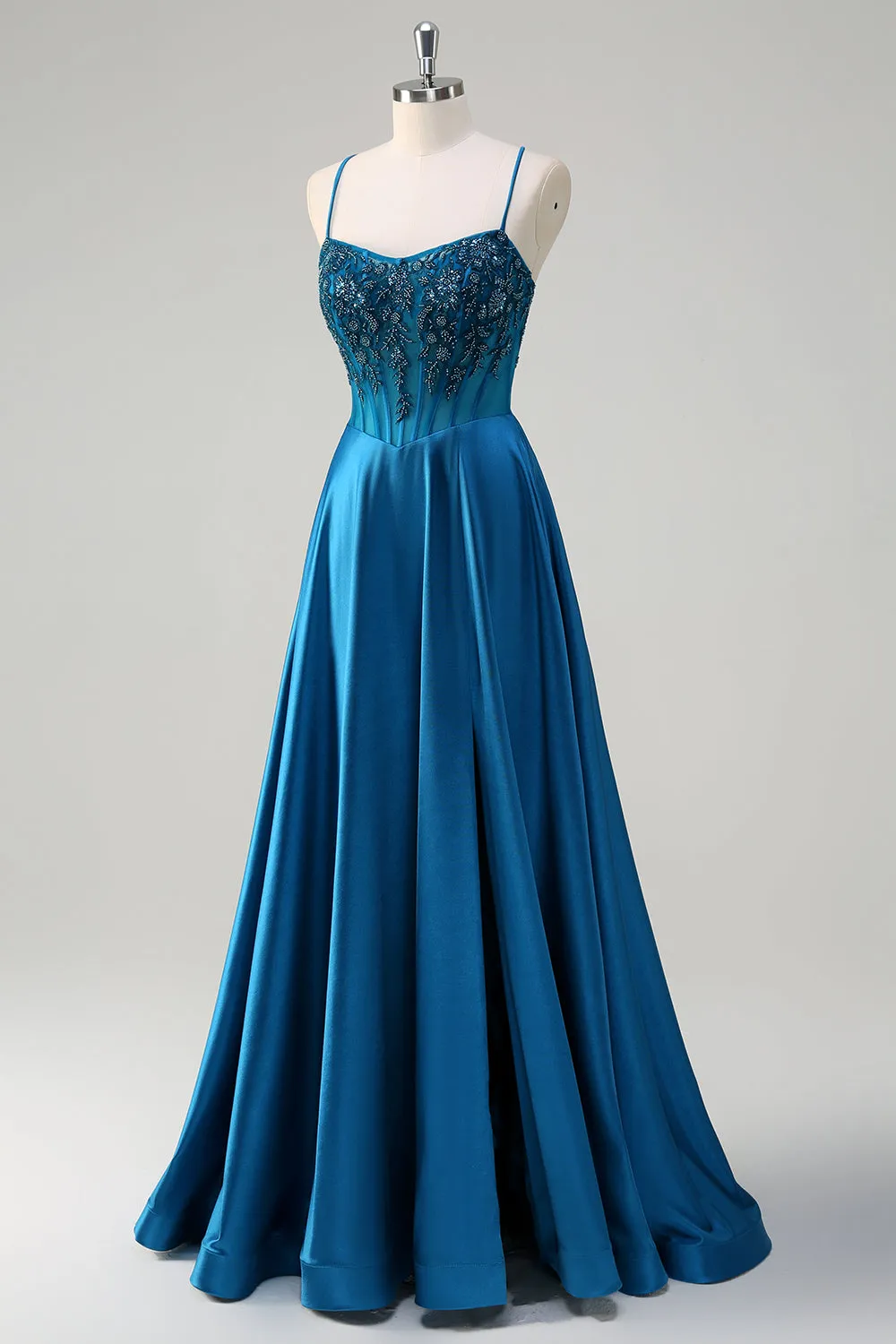 Glitter Blue Corset Spaghetti Straps Long Prom Dress With Sequins sold by Zapaka product image thumbnail 3