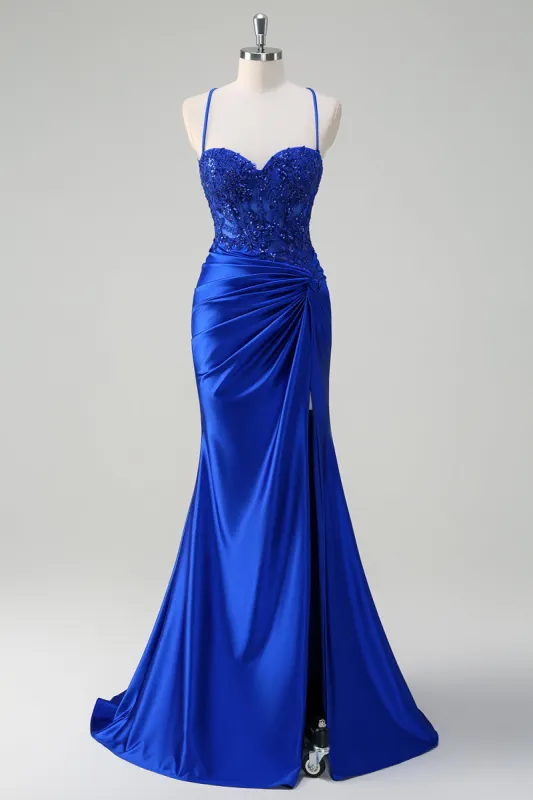 Royal Blue Mermaid Spaghetti Straps Pleated Appliqued Prom Dress sold by Zapaka