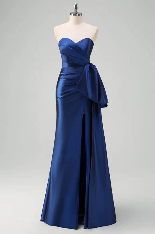 Dark Blue Strapless Pleated Long Prom Dress with Draped Bow Accent sold by Zapaka