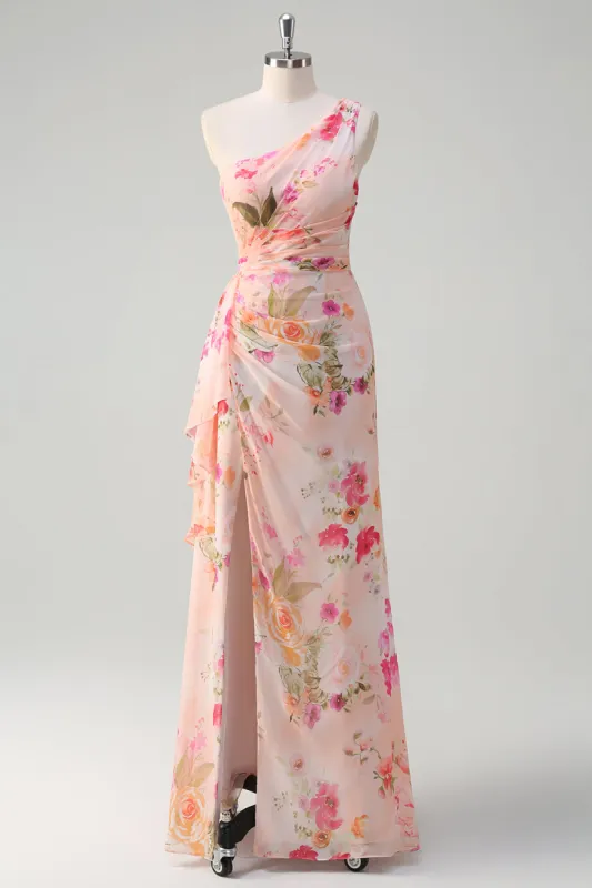 Peach Floral One Shoulder Sleeveless Print Long Prom Dress sold by Zapaka