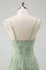 Dusty Sage Mermaid Floral Corset Ruched Long Prom Dress with Slit sold by Zapaka