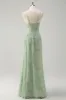 Dusty Sage Mermaid Floral Corset Ruched Long Prom Dress with Slit sold by Zapaka