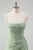 Dusty Sage Mermaid Floral Corset Ruched Long Prom Dress with Slit sold by Zapaka