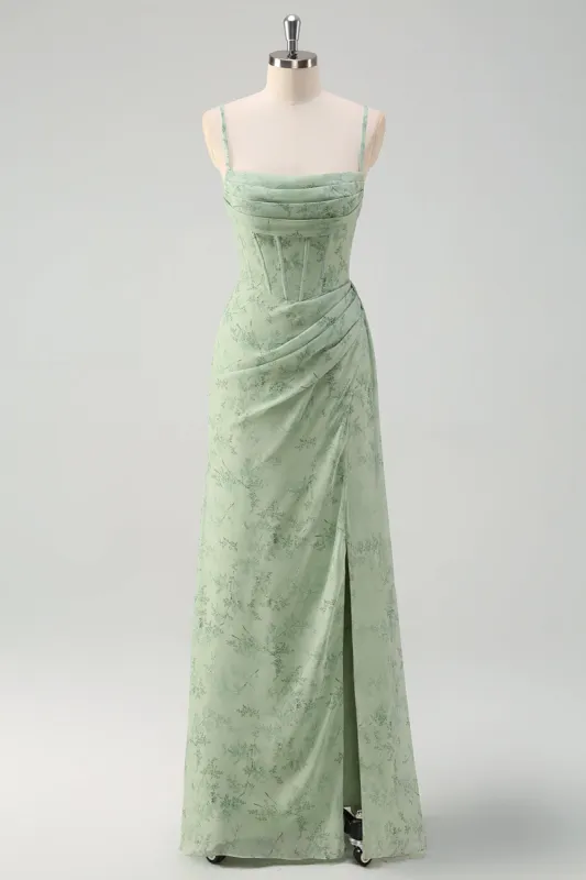 Dusty Sage Mermaid Floral Corset Ruched Long Prom Dress with Slit sold by Zapaka