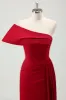 Red Mermaid One Shoulder Pleats Satin Long Prom Dress with Slit sold by Zapaka
