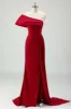 Red Mermaid One Shoulder Pleats Satin Long Prom Dress with Slit sold by Zapaka