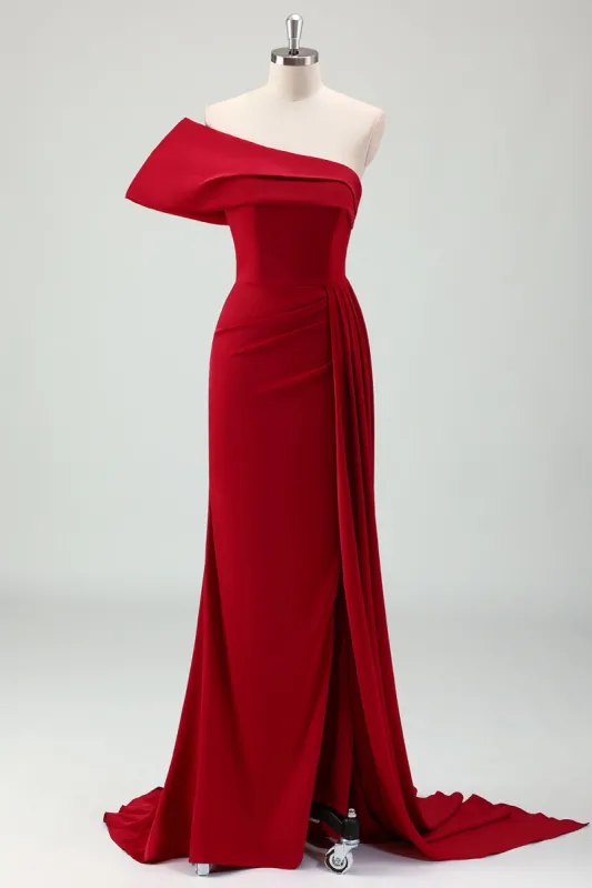 Red Mermaid One Shoulder Pleats Satin Long Prom Dress with Slit sold by Zapaka