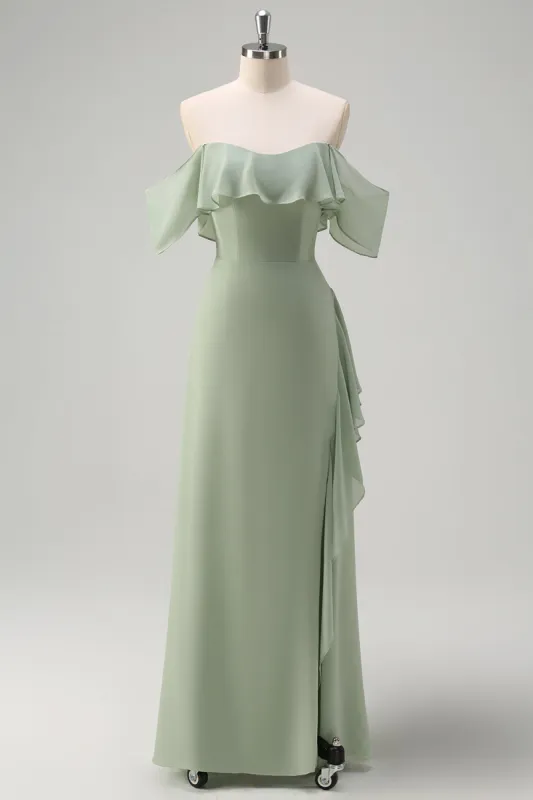 Light Green Mermaid Off the Shoulder Ruffled Bridesmaid Dress with Slit sold by Zapaka