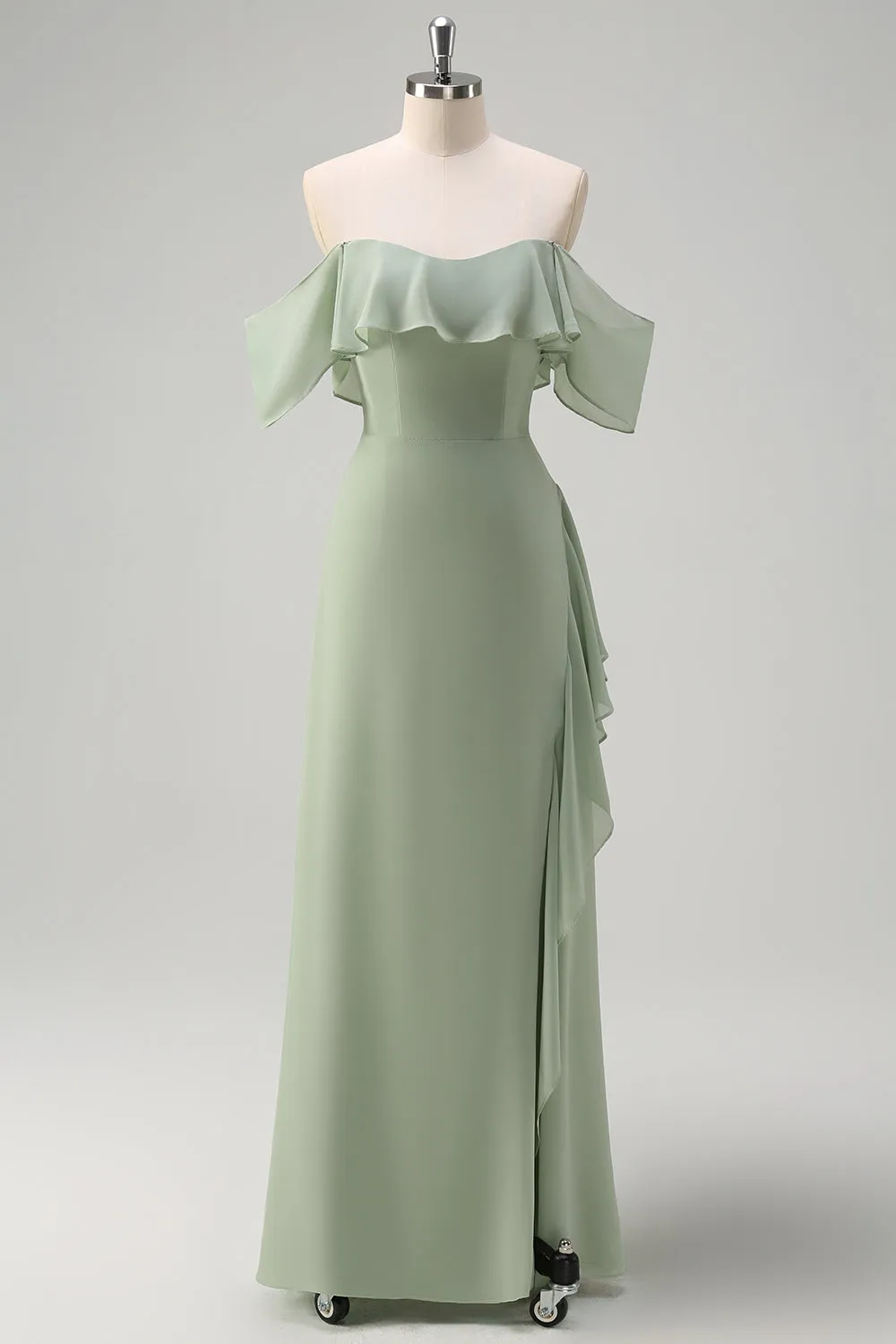 Light Green Mermaid Off the Shoulder Ruffled Bridesmaid Dress with Slit sold by Zapaka