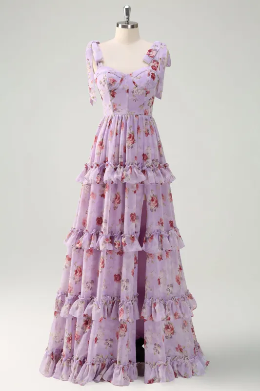 Grey Purple A Line Tiered Ruffled Print Floral Bridesmaid Dress sold by Zapaka