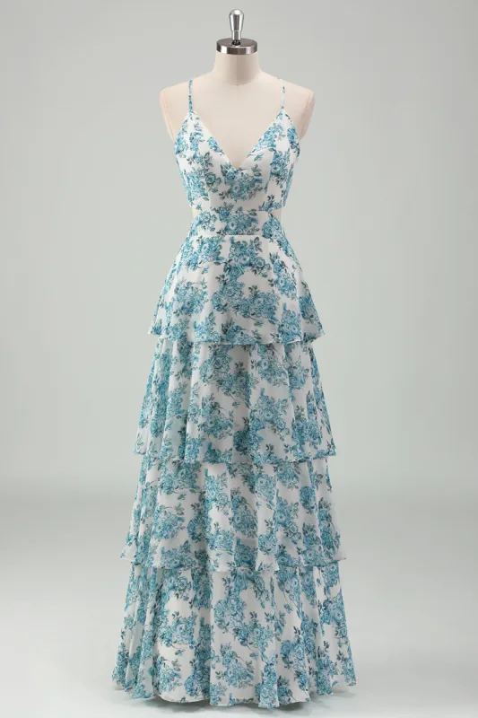 White Blue Flower A Line Tiered Spaghetti Straps Bridesmaid Dress sold by Zapaka