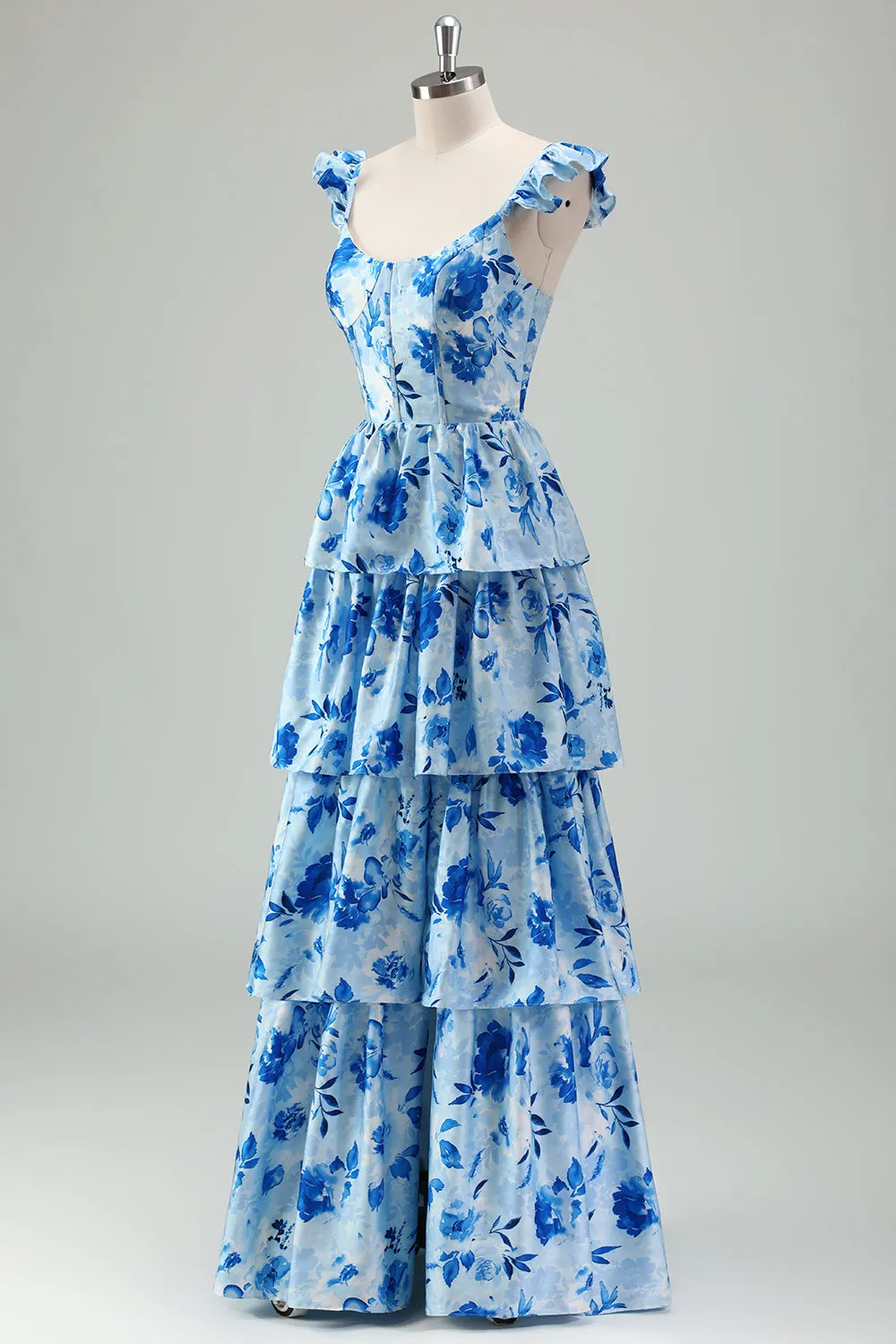Blue Floral A Line Corset Tiered Long Bridesmaid Dress with Slit sold by Zapaka product image thumbnail 3
