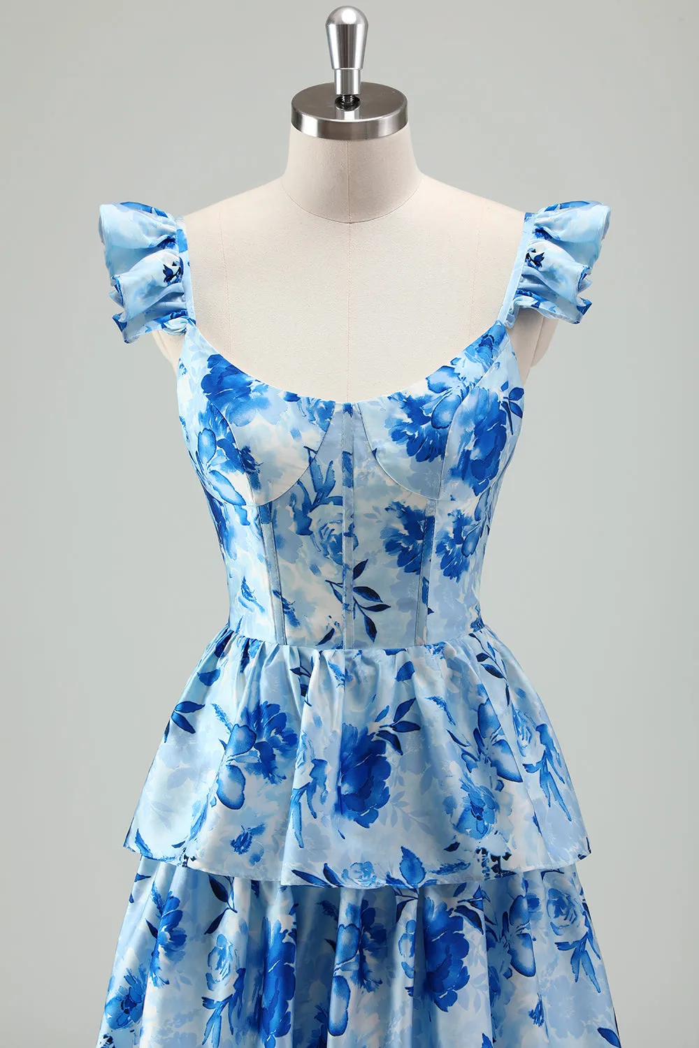 Blue Floral A Line Corset Tiered Long Bridesmaid Dress with Slit sold by Zapaka product image thumbnail 4