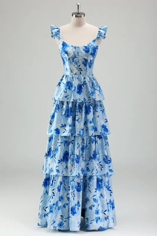 Blue Floral A Line Corset Tiered Long Bridesmaid Dress with Slit sold by Zapaka