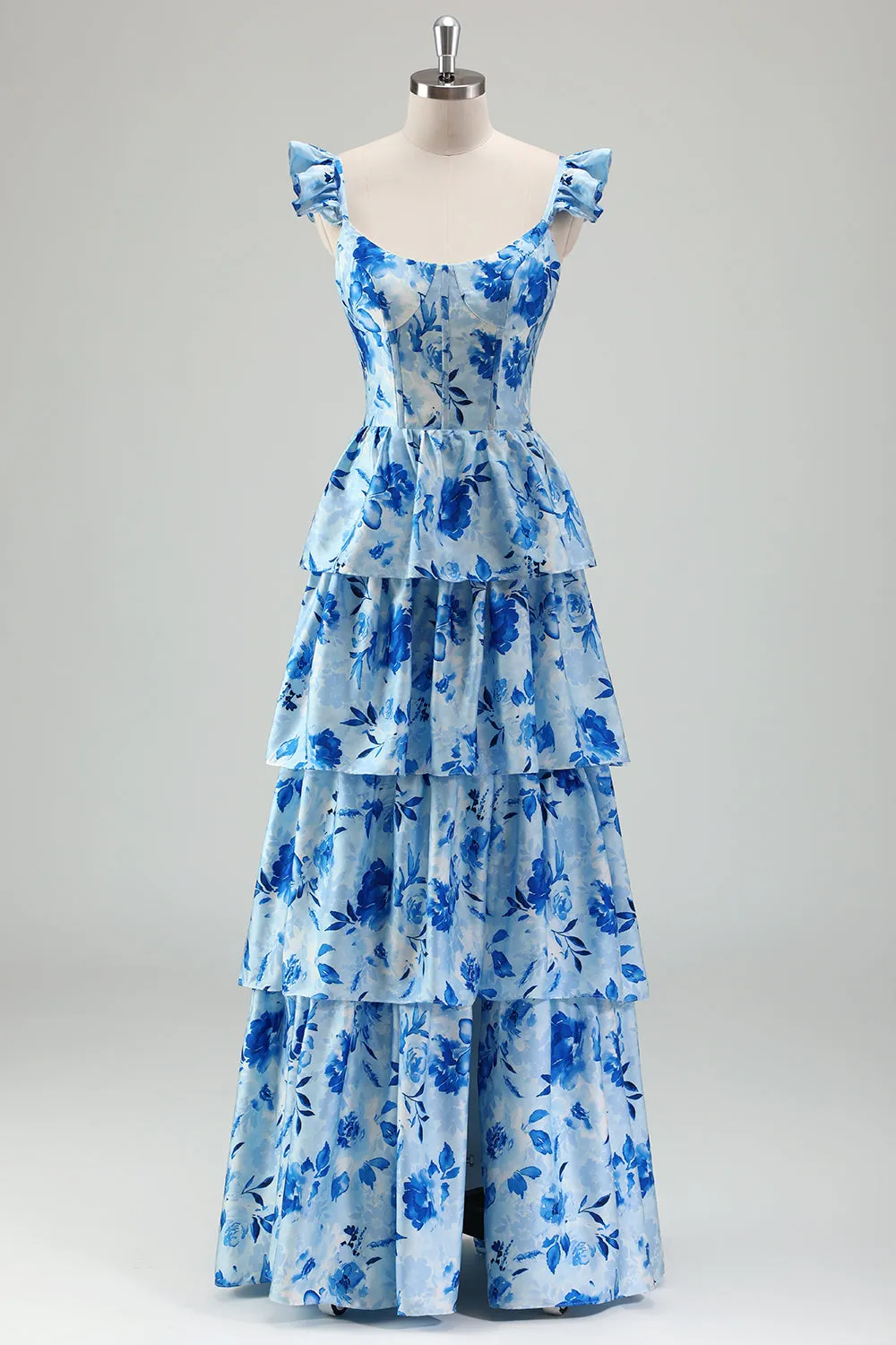Blue Floral A Line Corset Tiered Long Bridesmaid Dress with Slit sold by Zapaka