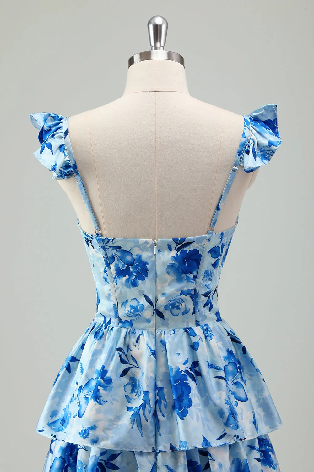 Blue Floral A Line Corset Tiered Long Bridesmaid Dress with Slit sold by Zapaka product image thumbnail 5