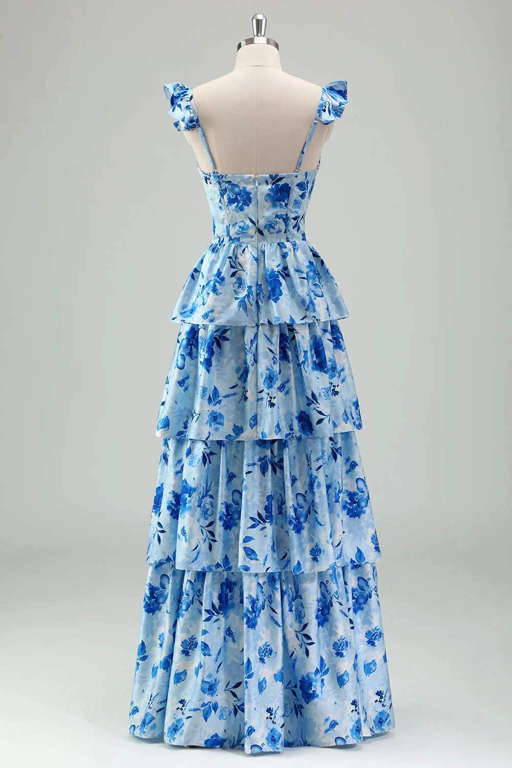 Blue Floral A Line Corset Tiered Long Bridesmaid Dress with Slit sold by Zapaka product image thumbnail 2